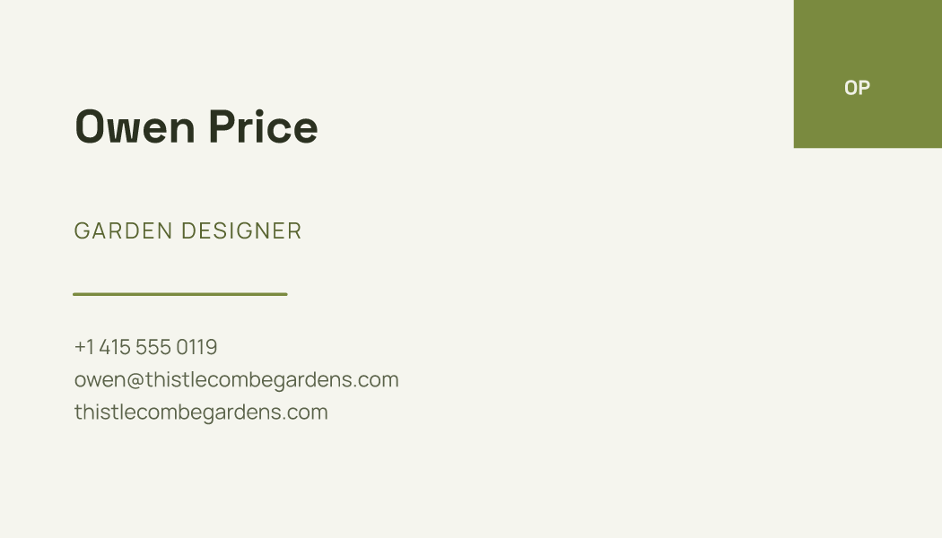 The Olive Tab business card design filled in for Owen Price, Garden Designer at Thistlecombe Gardens, with a phone number, an email, a website and a QR code.