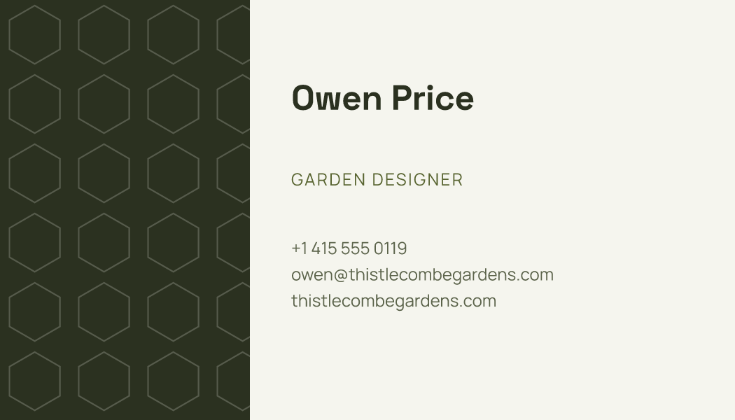 The Olive Panel business card design filled in for Owen Price, Garden Designer at Thistlecombe Gardens, with a phone number, an email, a website and a QR code.