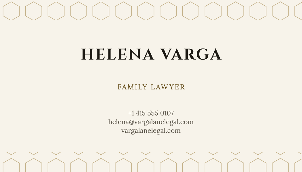 The Ivory & Gold Lattice business card design filled in for Helena Varga, Family Lawyer at Varga Lane Legal, with a phone number, an email, a website and a QR code.
