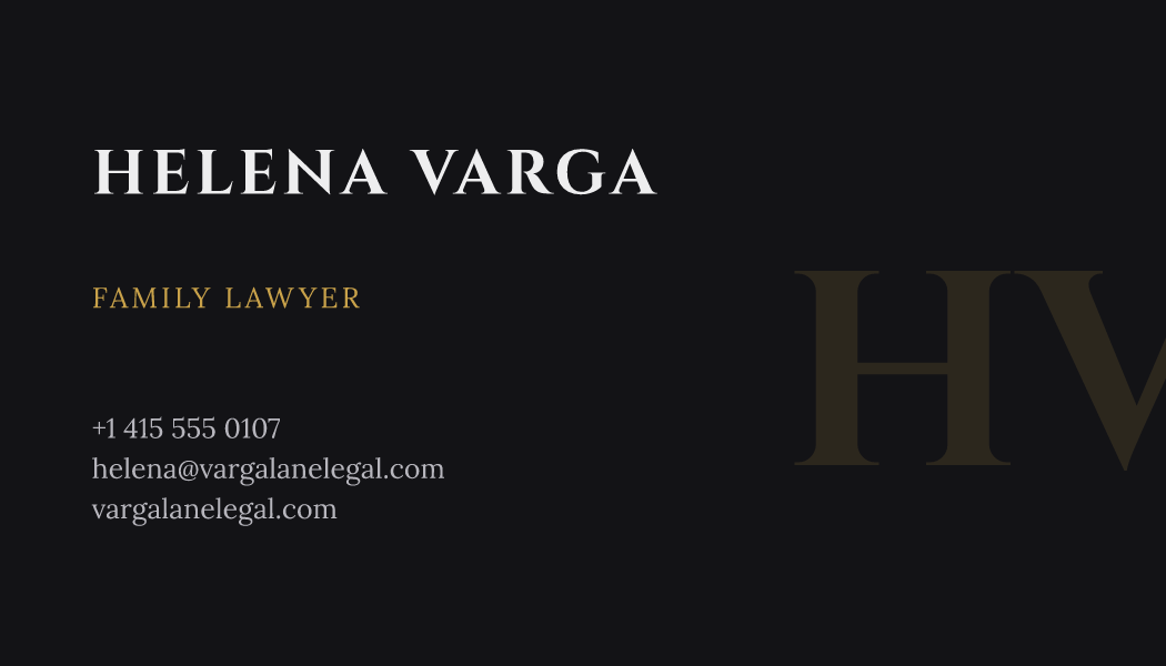 The Obsidian Monogram business card design filled in for Helena Varga, Family Lawyer at Varga Lane Legal, with a phone number, an email, a website and a QR code.
