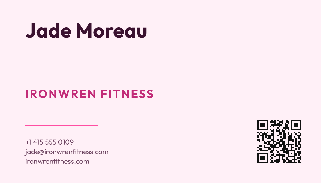 The Bubblegum Poster Type business card design filled in for Jade Moreau, Personal Trainer at Ironwren Fitness, with a phone number, an email, a website and a QR code.