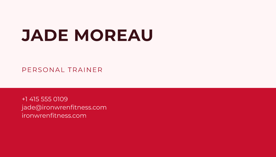 The Cherry Block business card design filled in for Jade Moreau, Personal Trainer at Ironwren Fitness, with a phone number, an email, a website and a QR code.