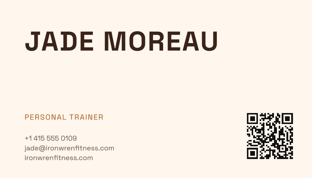 The Sunset Bold business card design filled in for Jade Moreau, Personal Trainer at Ironwren Fitness, with a phone number, an email, a website and a QR code.