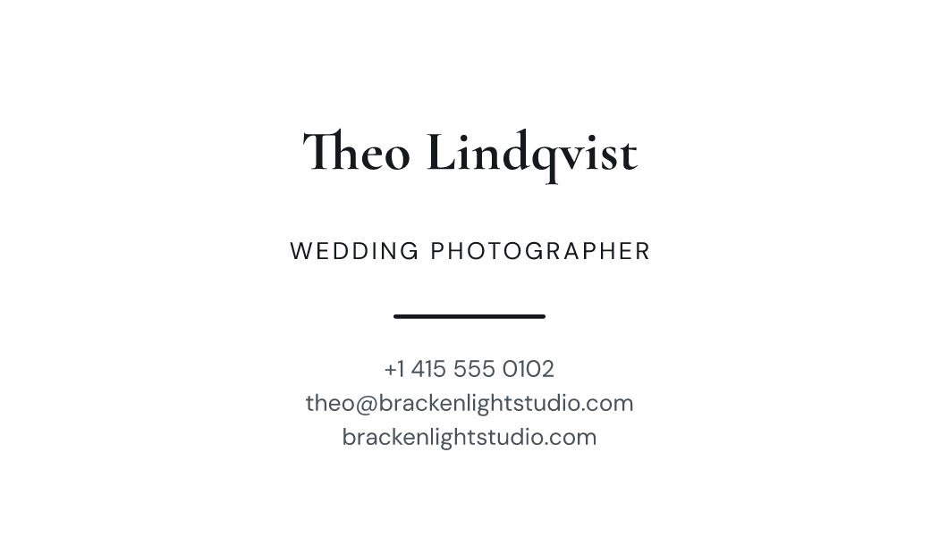 The Paper Centred business card design filled in for Theo Lindqvist, Wedding Photographer at Brackenlight Studio, with a phone number, an email, a website and a QR code.