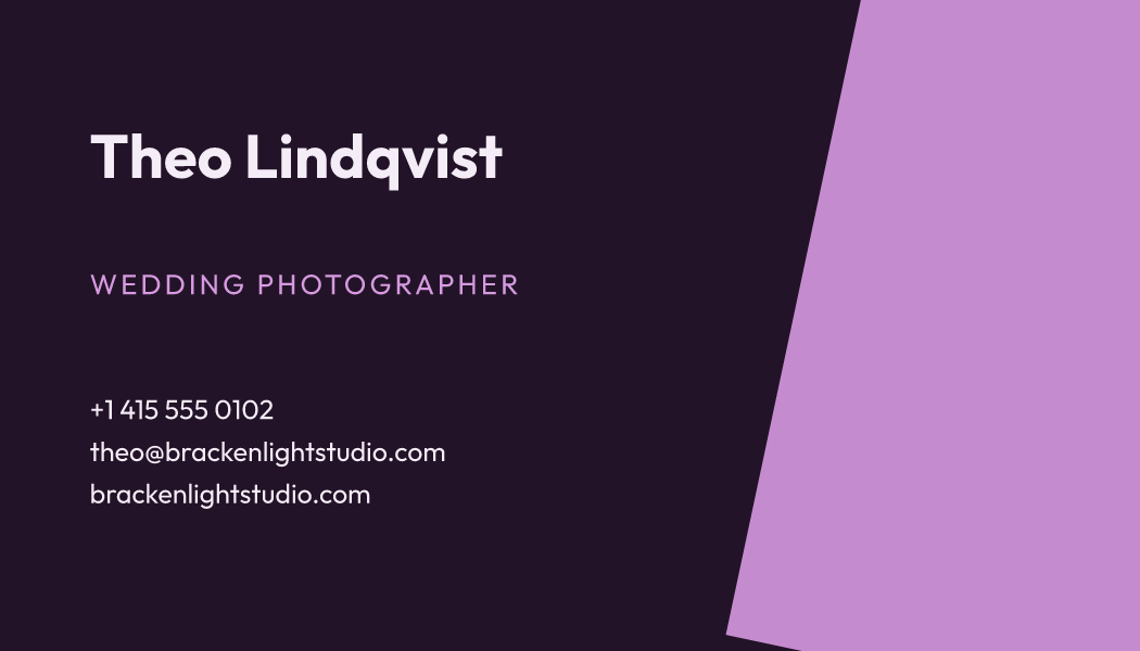 The Plum Spotlight business card design filled in for Theo Lindqvist, Wedding Photographer at Brackenlight Studio, with a phone number, an email, a website and a QR code.