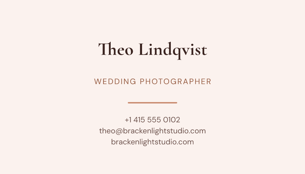 The Rose Gold Centred business card design filled in for Theo Lindqvist, Wedding Photographer at Brackenlight Studio, with a phone number, an email, a website and a QR code.