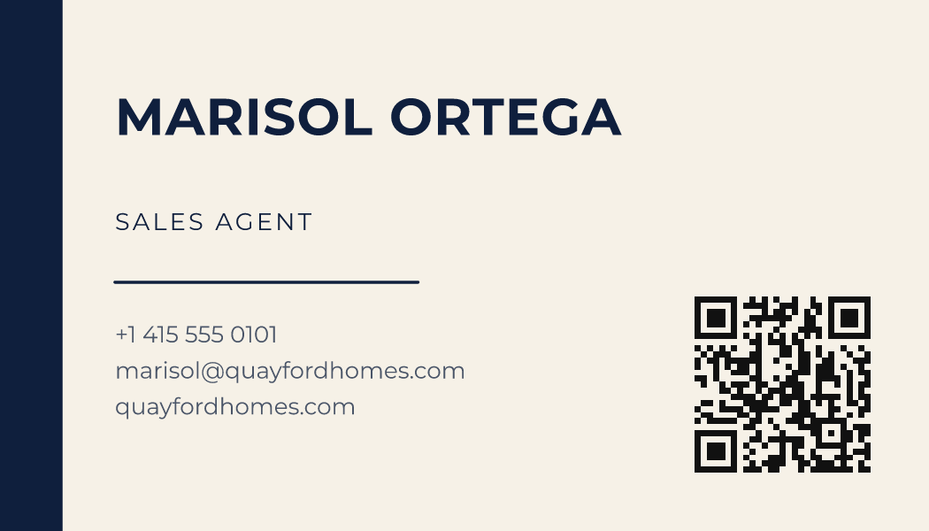 The Navy Band business card design filled in for Marisol Ortega, Sales Agent at Quayford Homes, with a phone number, an email, a website and a QR code.