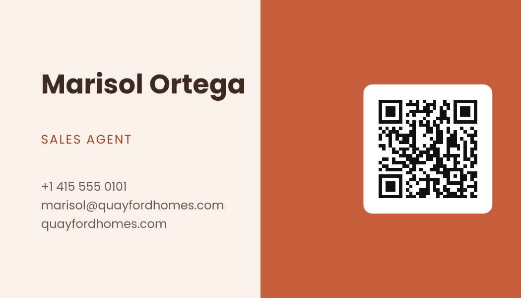 The Terracotta Duo business card design filled in for Marisol Ortega, Sales Agent at Quayford Homes, with a phone number, an email, a website and a QR code.