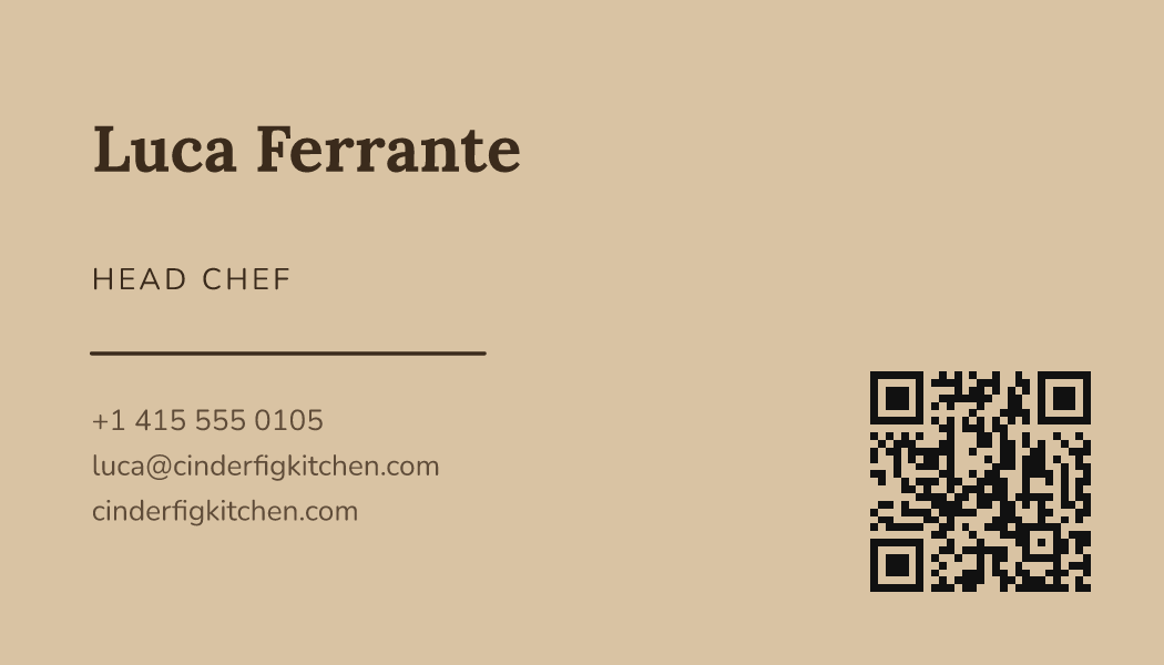 The Kraft Classic business card design filled in for Luca Ferrante, Head Chef at Cinderfig Kitchen, with a phone number, an email, a website and a QR code.