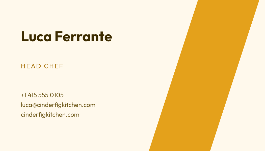 The Saffron Stripe business card design filled in for Luca Ferrante, Head Chef at Cinderfig Kitchen, with a phone number, an email, a website and a QR code.