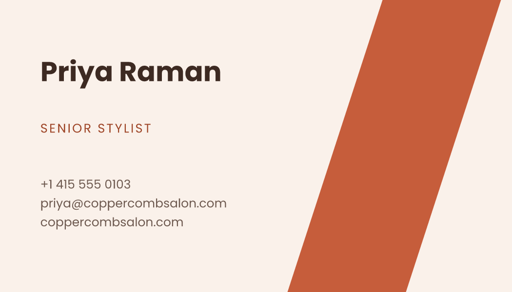 The Terracotta Stripe business card design filled in for Priya Raman, Senior Stylist at The Copper Comb, with a phone number, an email, a website and a QR code.