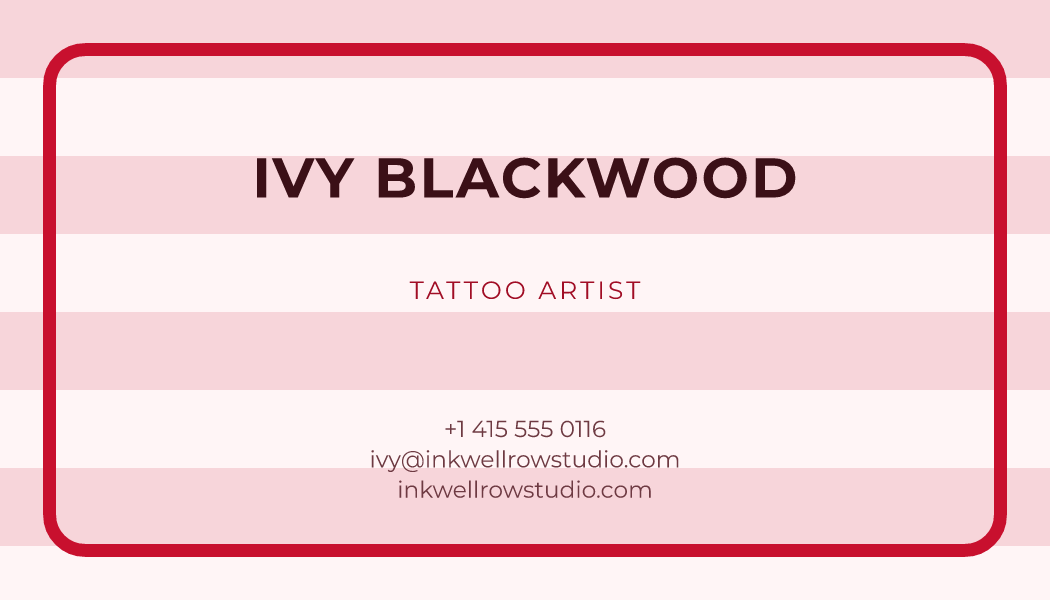 The Cherry Sunburst business card design filled in for Ivy Blackwood, Tattoo Artist at Inkwell Row Studio, with a phone number, an email, a website and a QR code.