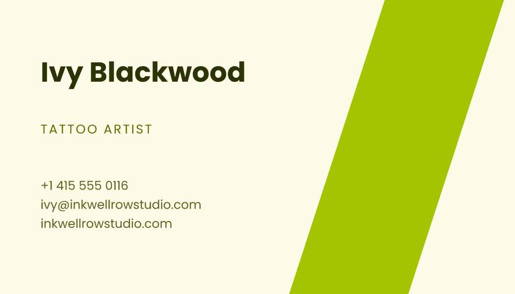 The Citrus Stripe business card design filled in for Ivy Blackwood, Tattoo Artist at Inkwell Row Studio, with a phone number, an email, a website and a QR code.