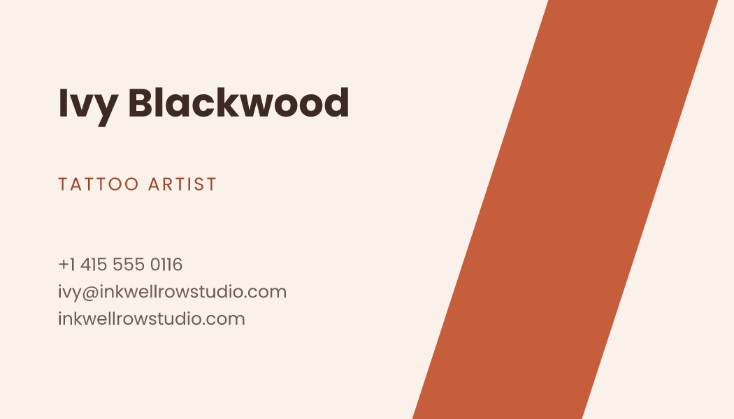 The Terracotta Stripe business card design filled in for Ivy Blackwood, Tattoo Artist at Inkwell Row Studio, with a phone number, an email, a website and a QR code.